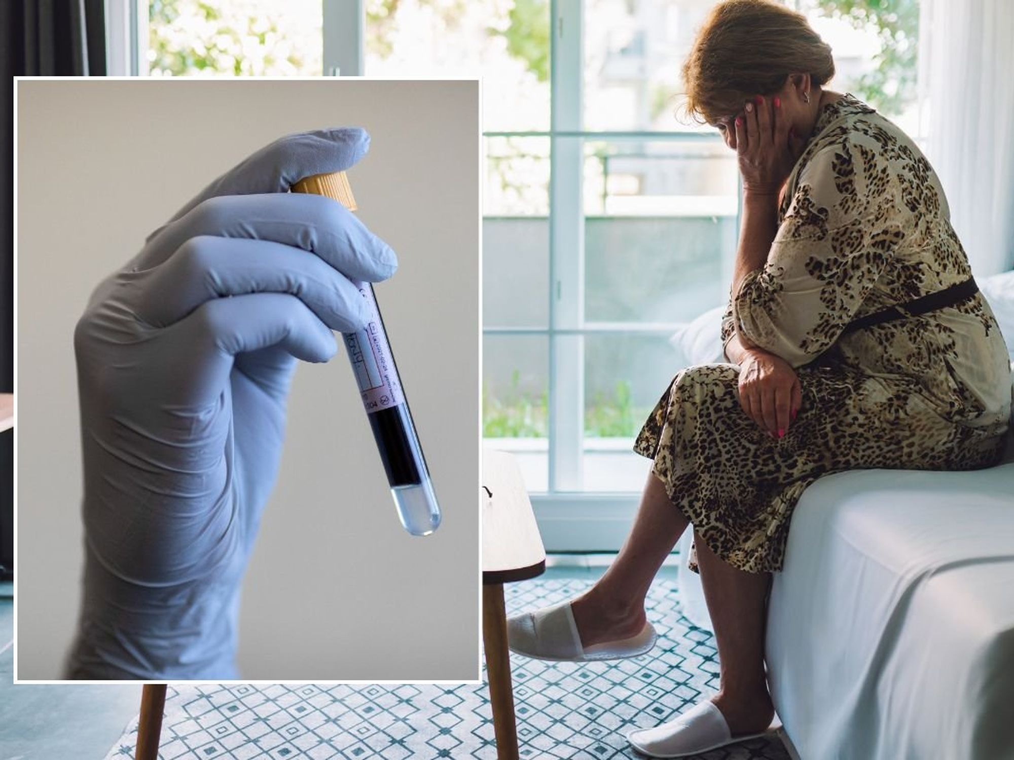 BLOOD TEST VIAL AND SENIOR WOMAN