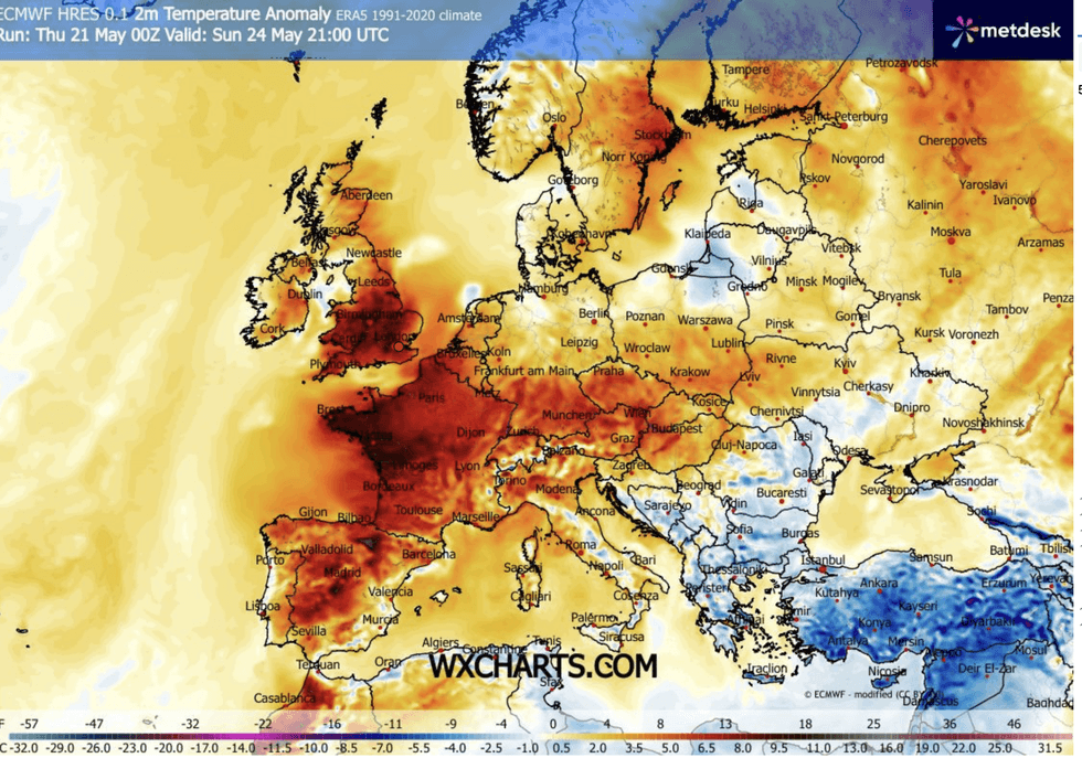 Blowtorch heat pushes in from the Continent