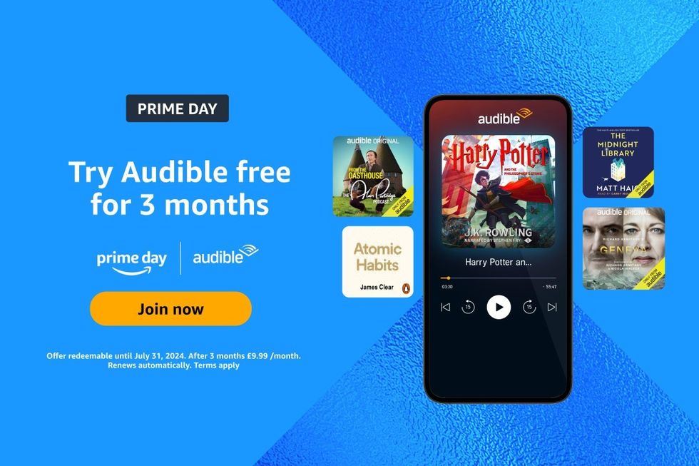 blue background with an iphone running the audible app with multiple reviews of books and podcasts on audible