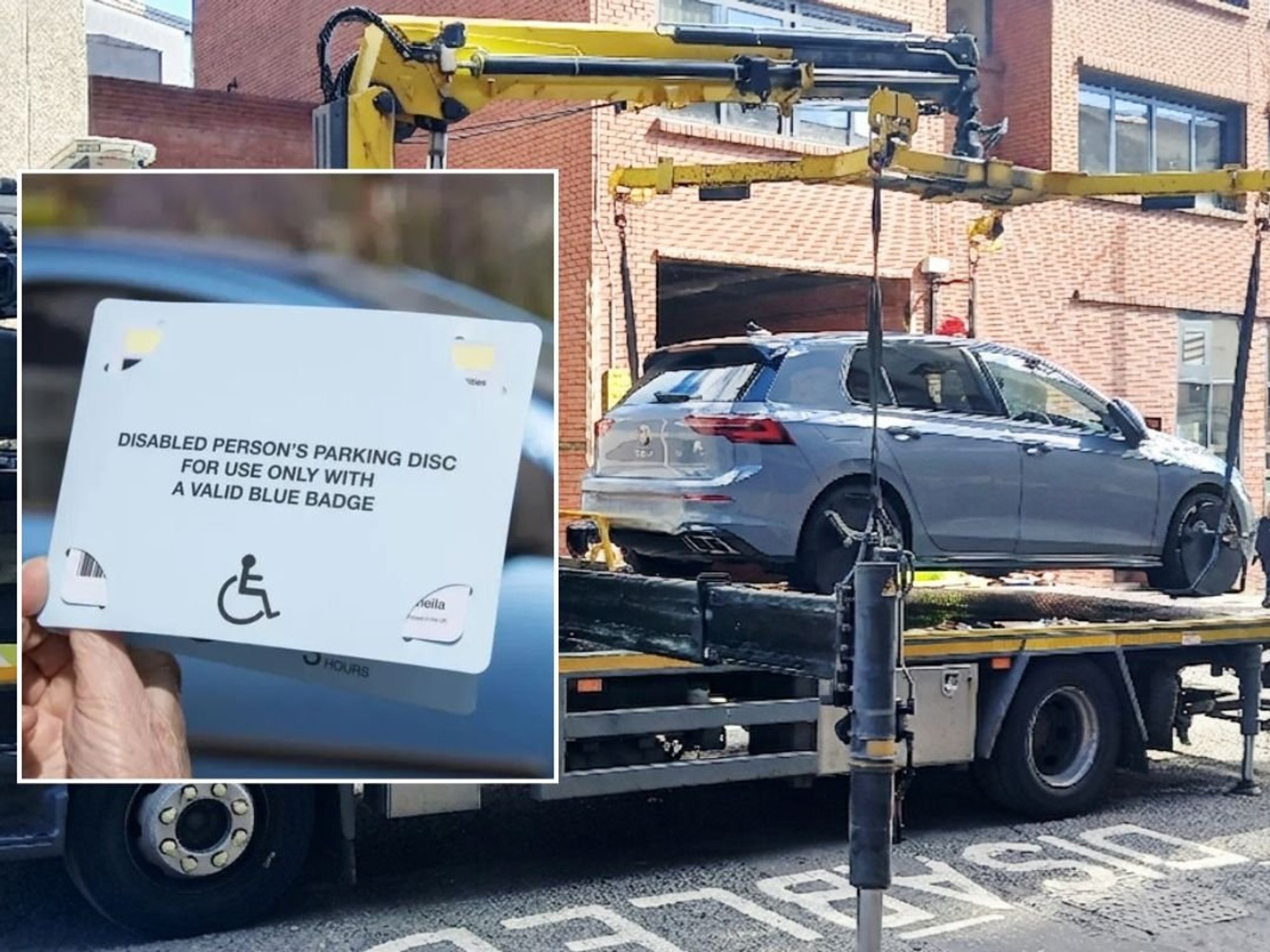 Blue Badge parking permit and a car being seized