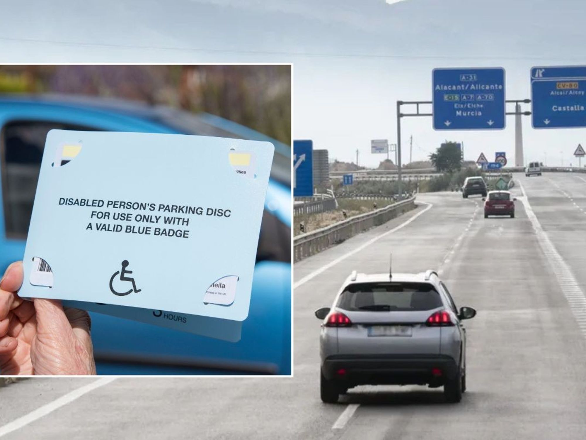 Blue Badge parking permit and a car driving in Spain