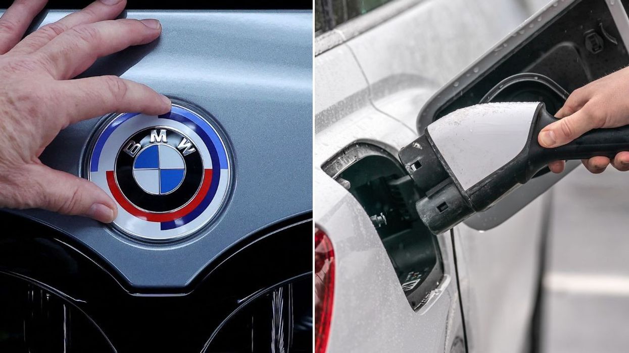 BMW logo and an electric car charging