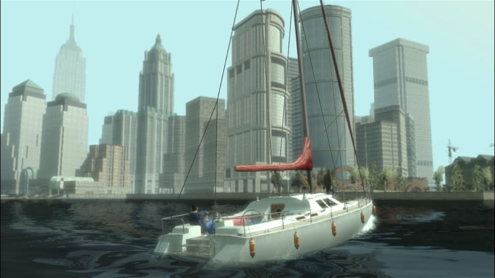 boat in the harbour with the Liberty City cityscape in the background