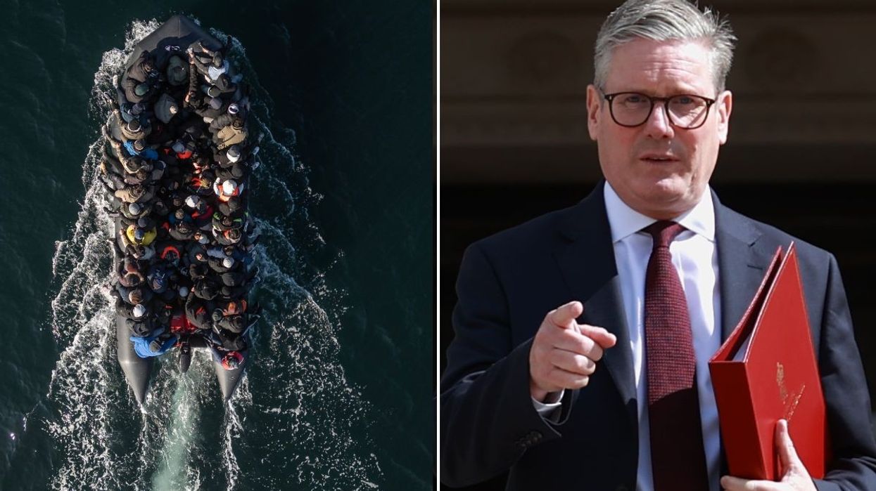 Boat of migrants crossing English Channel and Keir Starmer