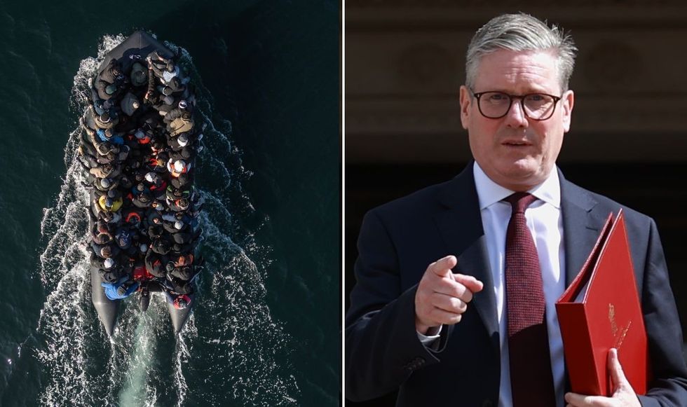 Boat of migrants crossing English Channel and Keir Starmer