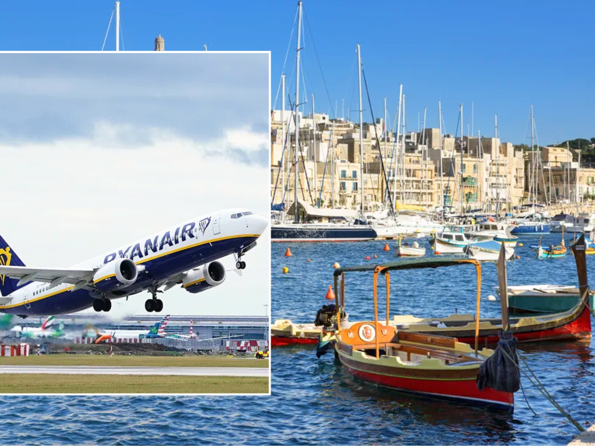 Boats in Malta / Ryanair plane taking off