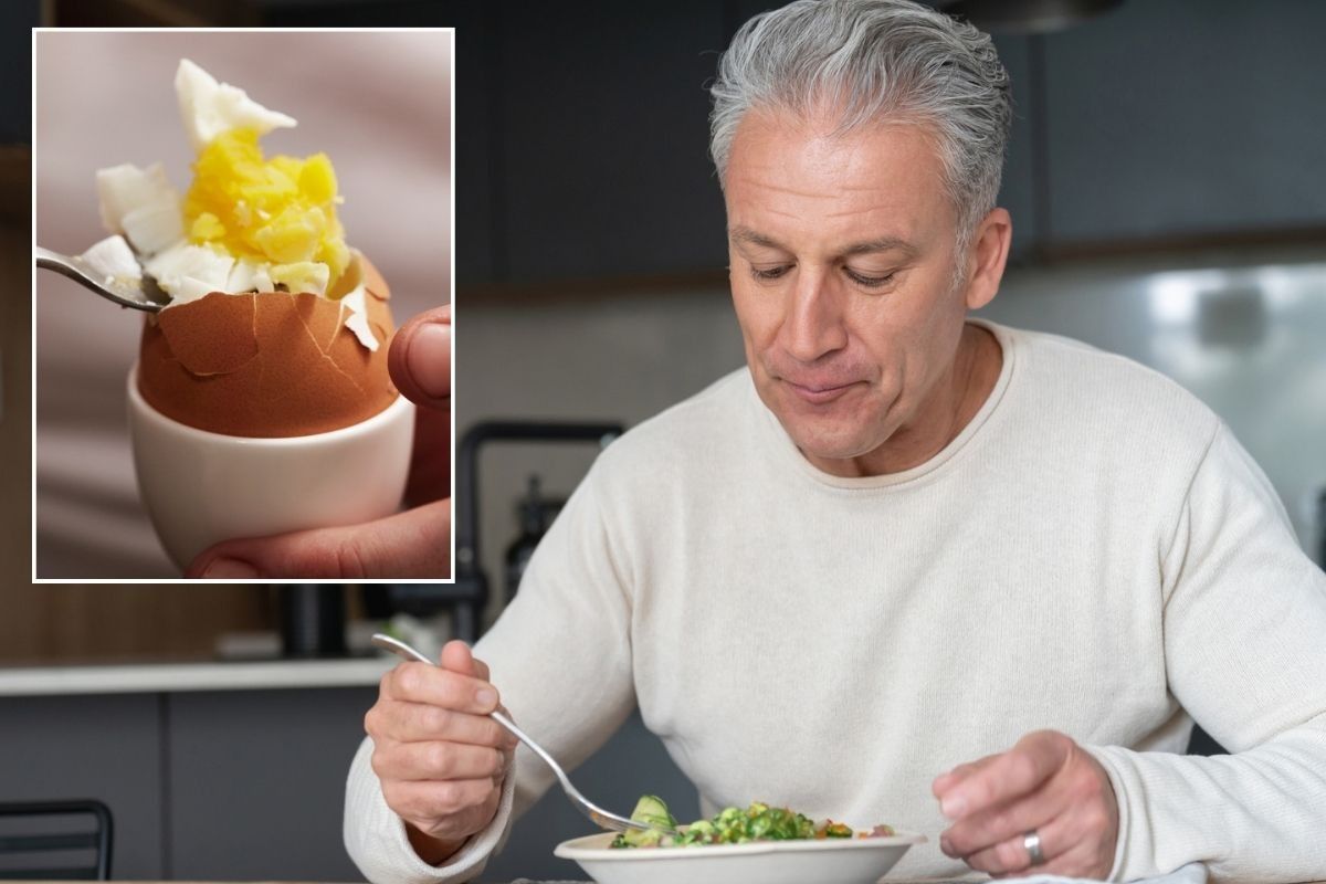 Boiled egg / Man eating a salad