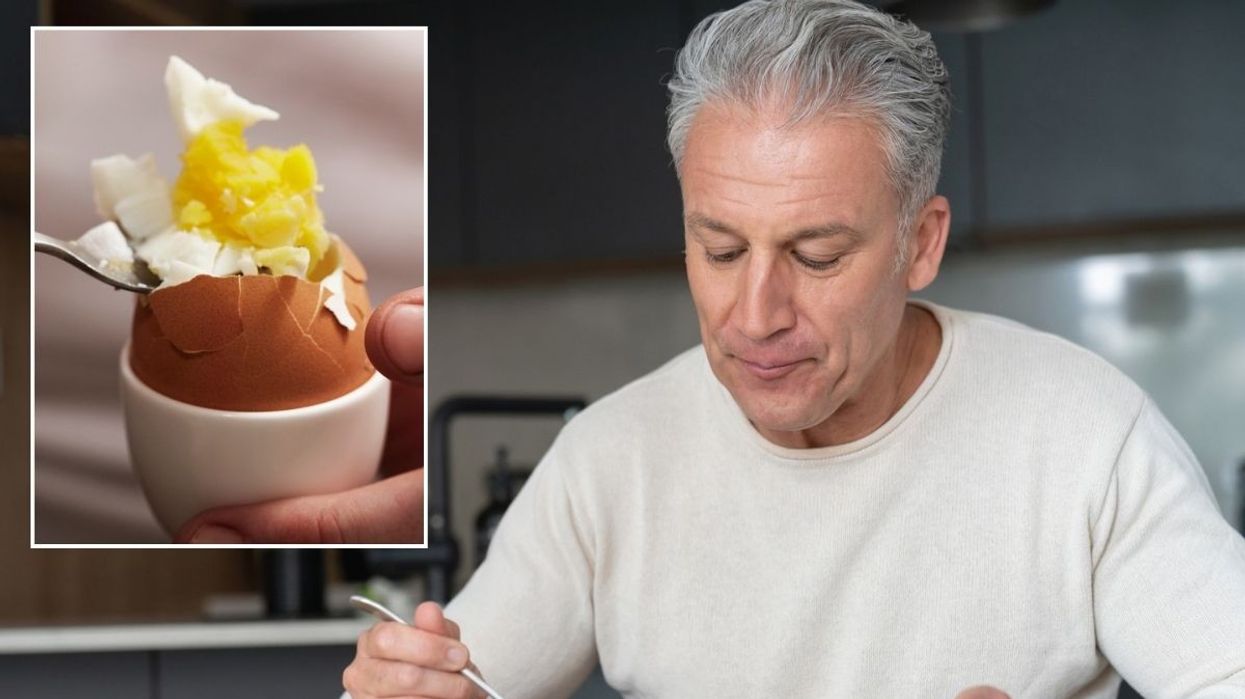 Boiled egg / Man eating a salad