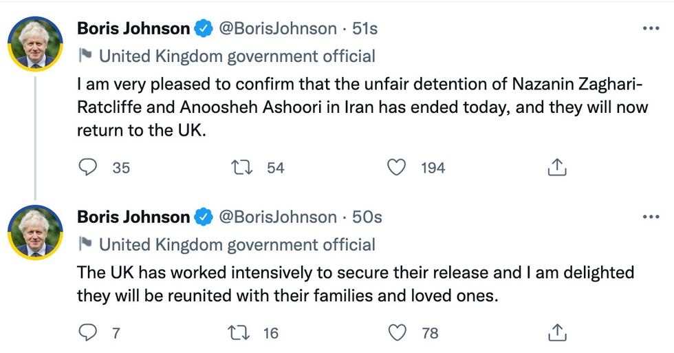 Boris Johnson announced Nazanin Zaghari-Ratcliffe release on social media