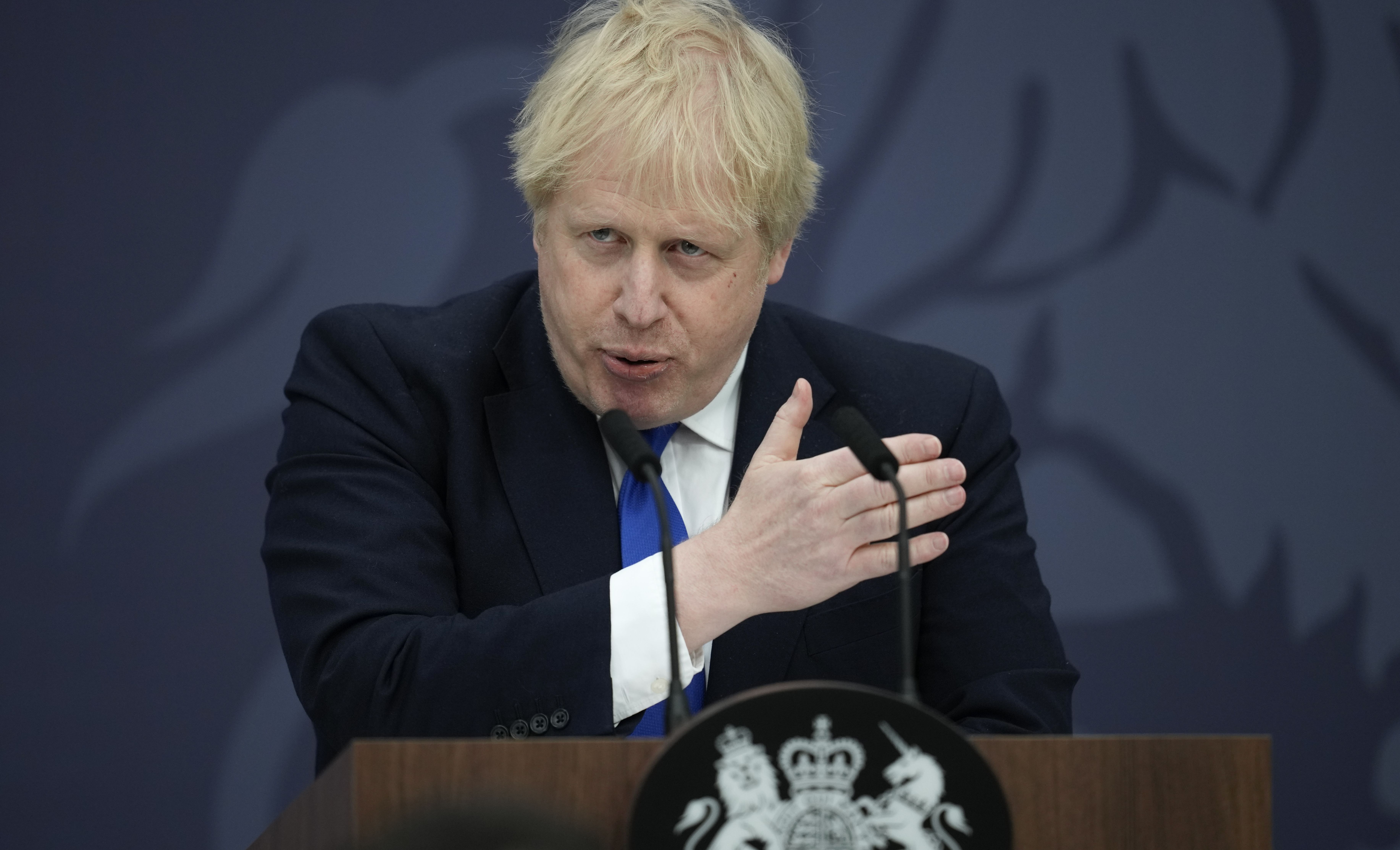 Boris Johnson delivers a speech to members of the armed services and Maritime and Coastguard Agency at Lydd airport in Kent. Picture date: Thursday April 14, 2022.