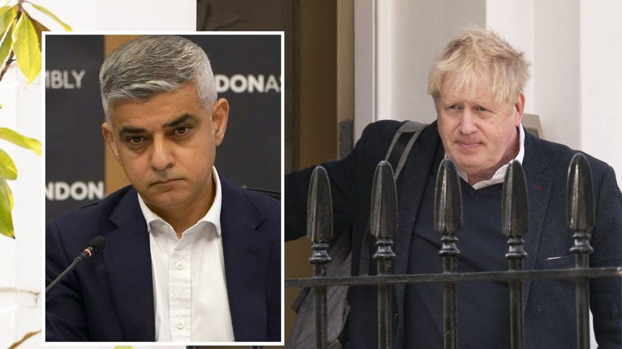 Boris Johnson leaving his home, with an inset profile image of Sadiq Khan