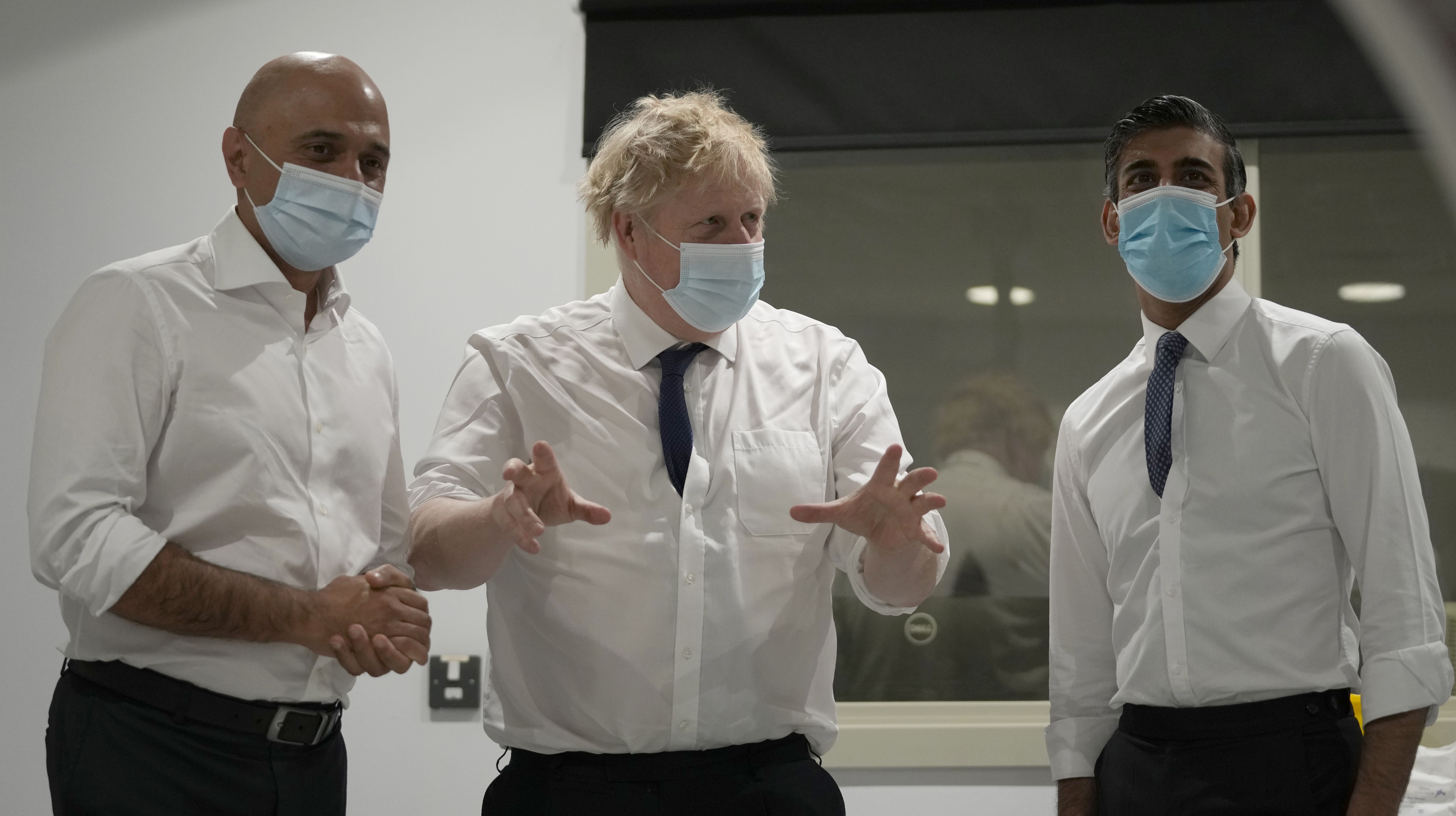 Boris Johnson on his visit to Welwyn Garden City yesterday, with Sajid Javid and Rishi Sunak