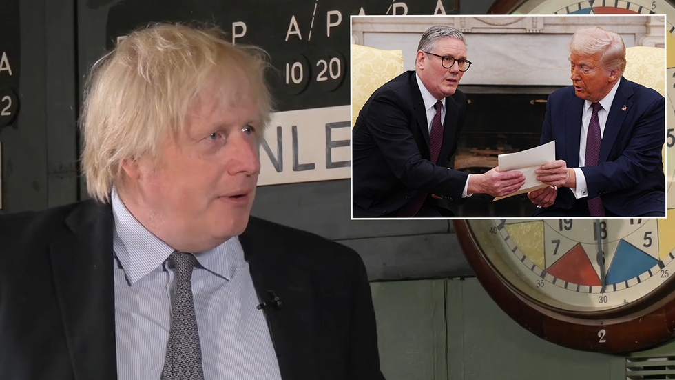 Boris Johnson with an inset image of Keir Starmer and Donald Trump