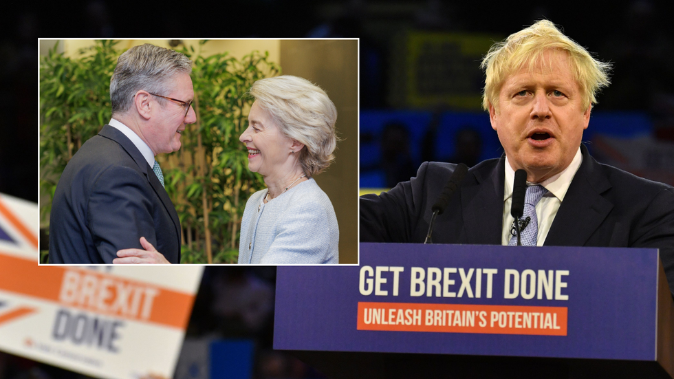 Boris Johnson with an inset of Keir Starmer shaking hands with Ursula von der Leyen