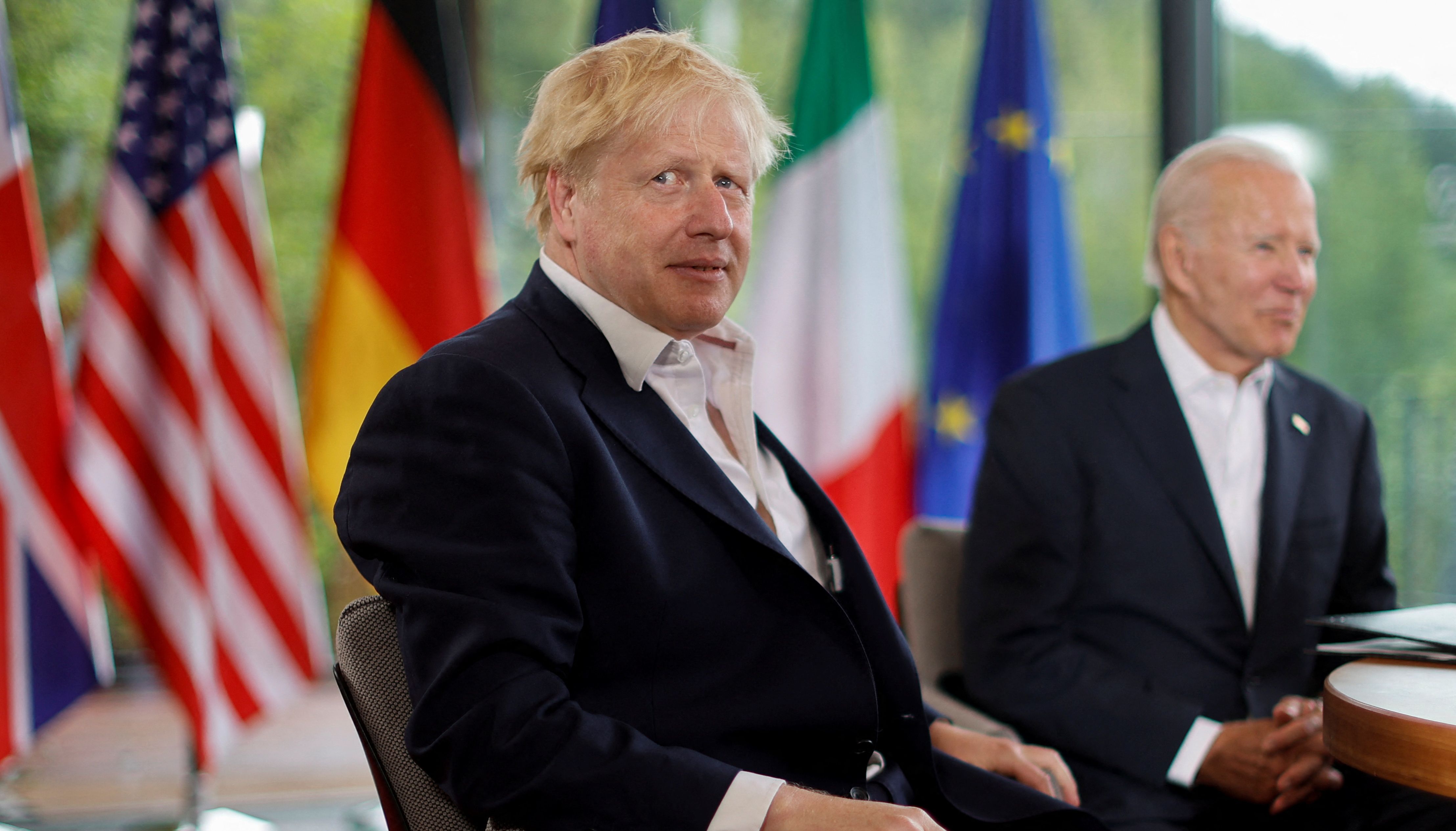 Boris Johnson with President Biden at the G7 leaders summit at Bavaria's Schloss Elmau, near Garmisch-Partenkirchen, Germany