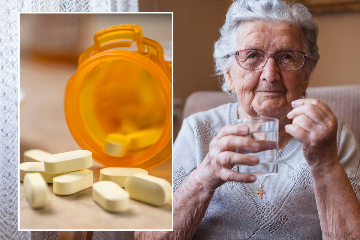 Bottle of pills/Old lady drinking water