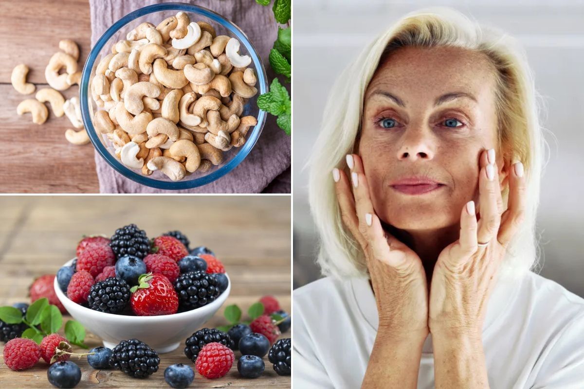 Bowl of cashews / Bowl of berries / Mature woman examining her skin in mirror