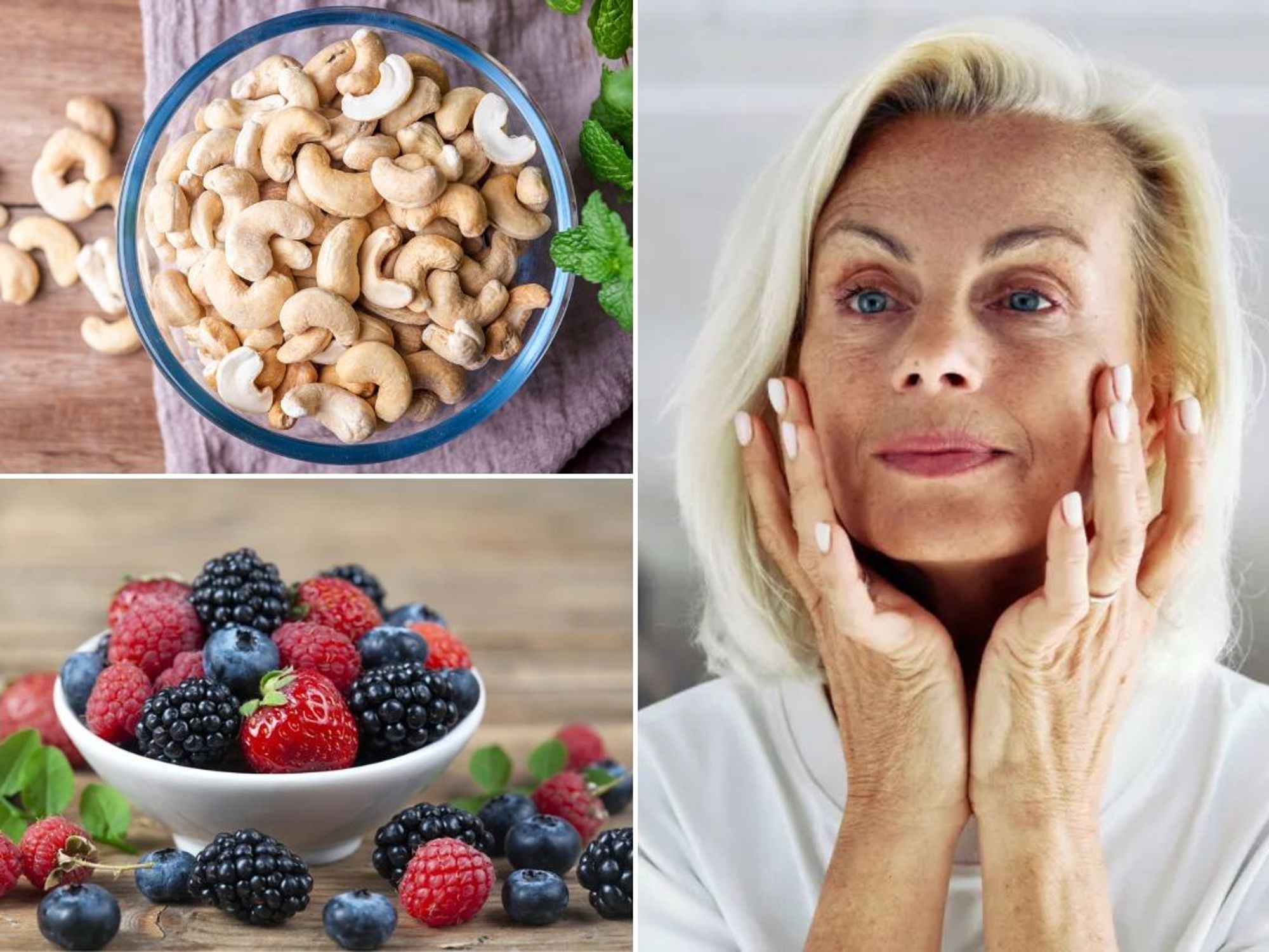 Bowl of cashews / Bowl of berries / Mature woman examining her skin in mirror