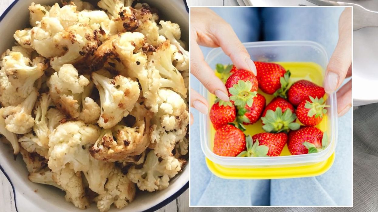 Bowl of cauliflower / Woman eating from a container of strawberries