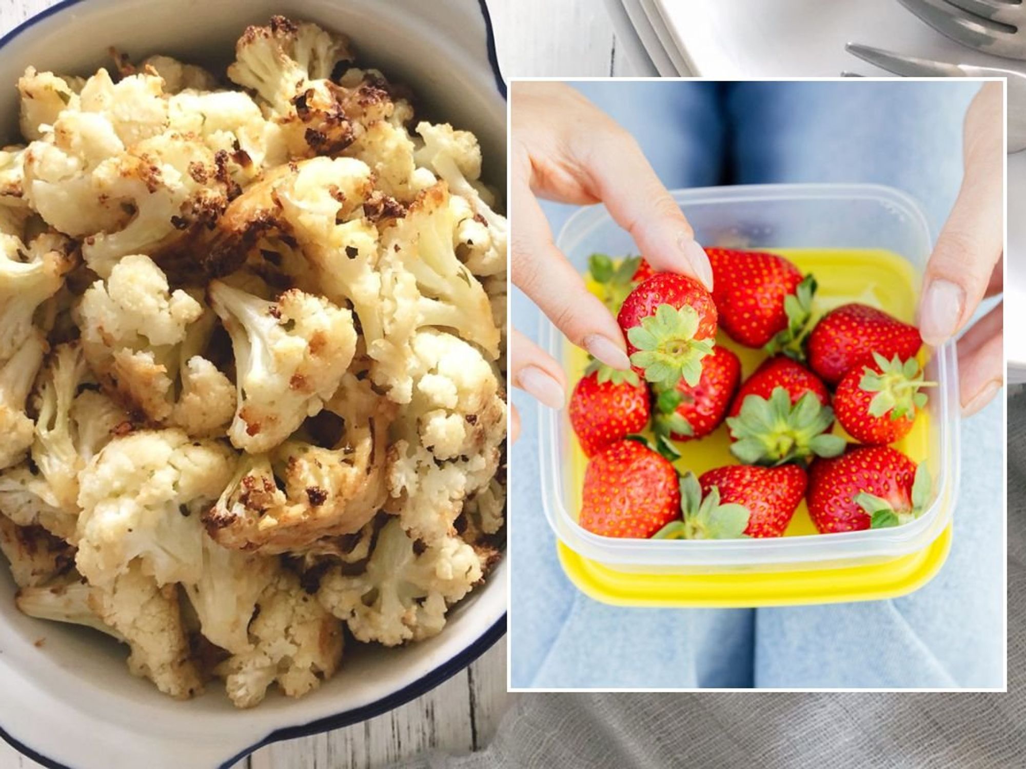 Bowl of cauliflower / Woman eating from a container of strawberries