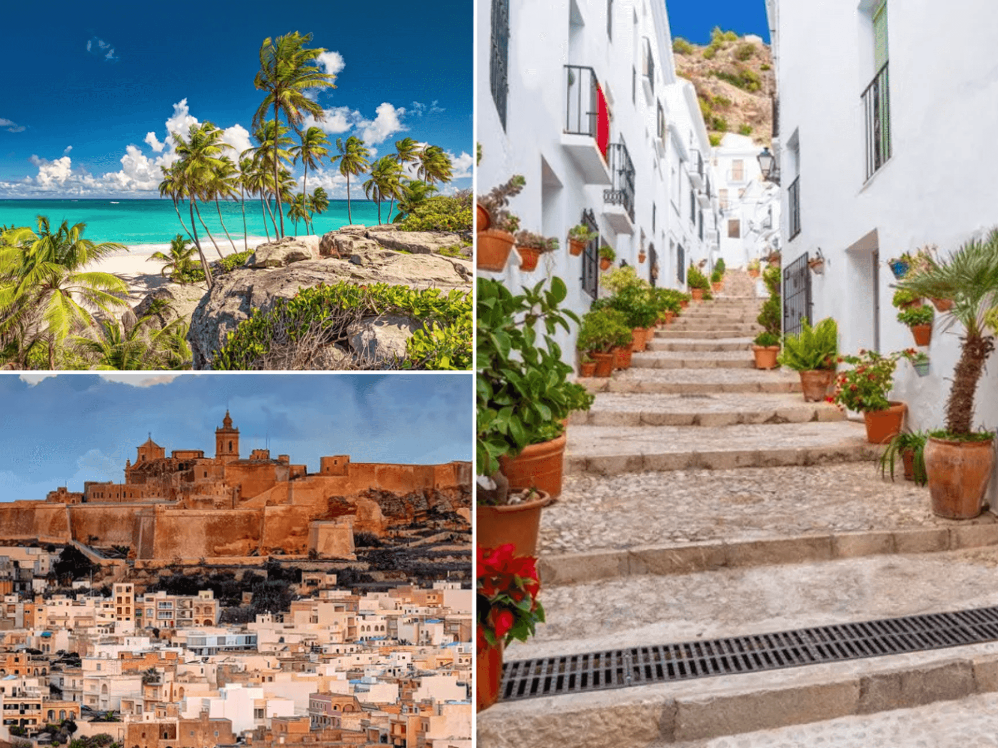 Bowling Alley Hill, Barbados / Cittadella Vicotria in Gozo, Malta / Costa del Sol of Malaga in Andalusia Spain