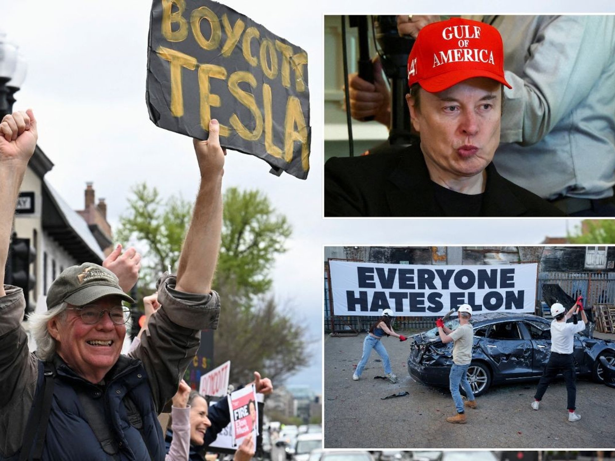 Boycott Tesla protest, Elon Musk and Elon Musk protesters attacking a car