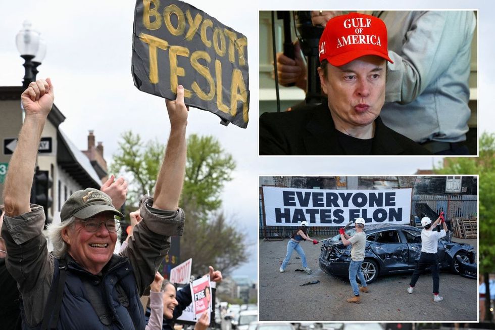 Boycott Tesla protest, Elon Musk and Elon Musk protesters attacking a car