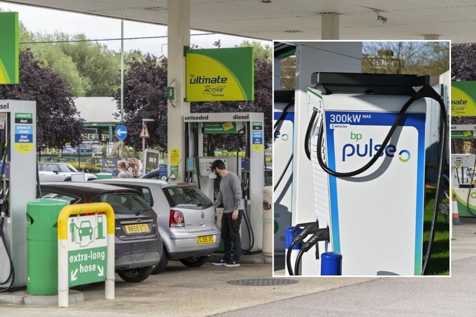 BP petrol station and a BP Pulse electric vehicle charger