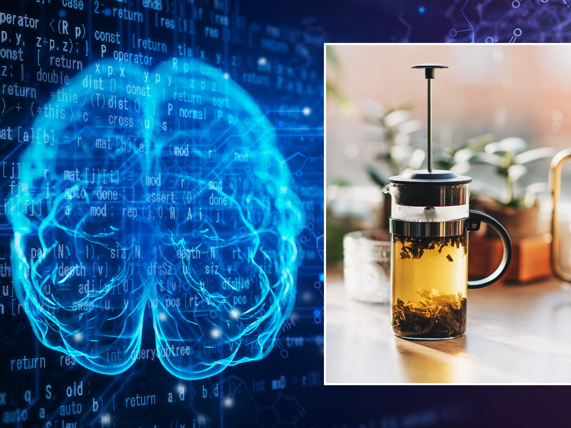 Brain illustration; a pot of green tea with mint leaves