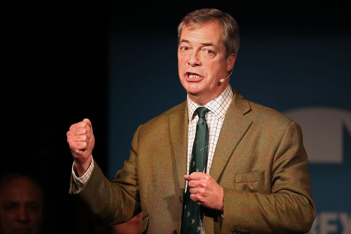Brexit Party leader Nigel Farage speaking at an event in Barnsley while on the General Election campaign trail