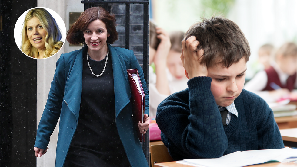 Bridget Phillipson (left), sad pupil (right)