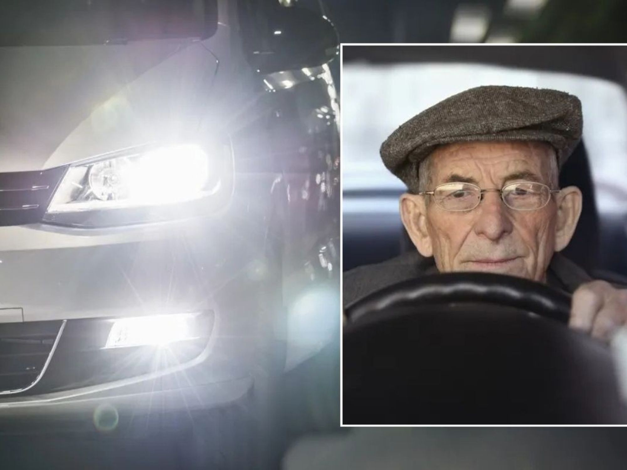 Bright car headlight and an elderly driver
