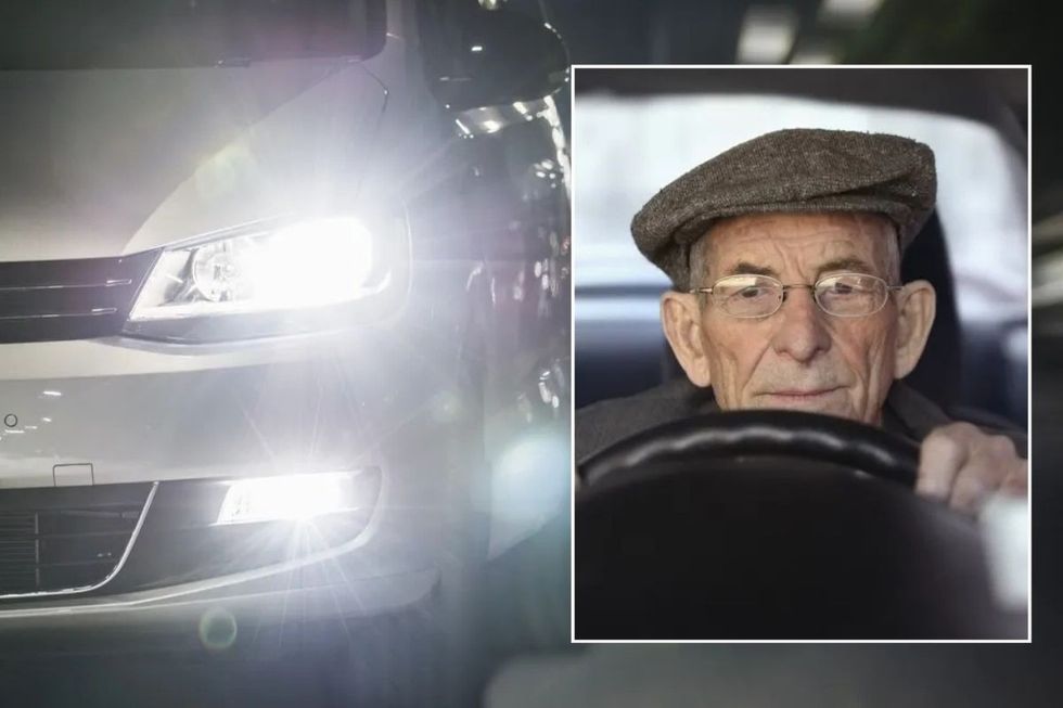Bright car headlight and an elderly driver