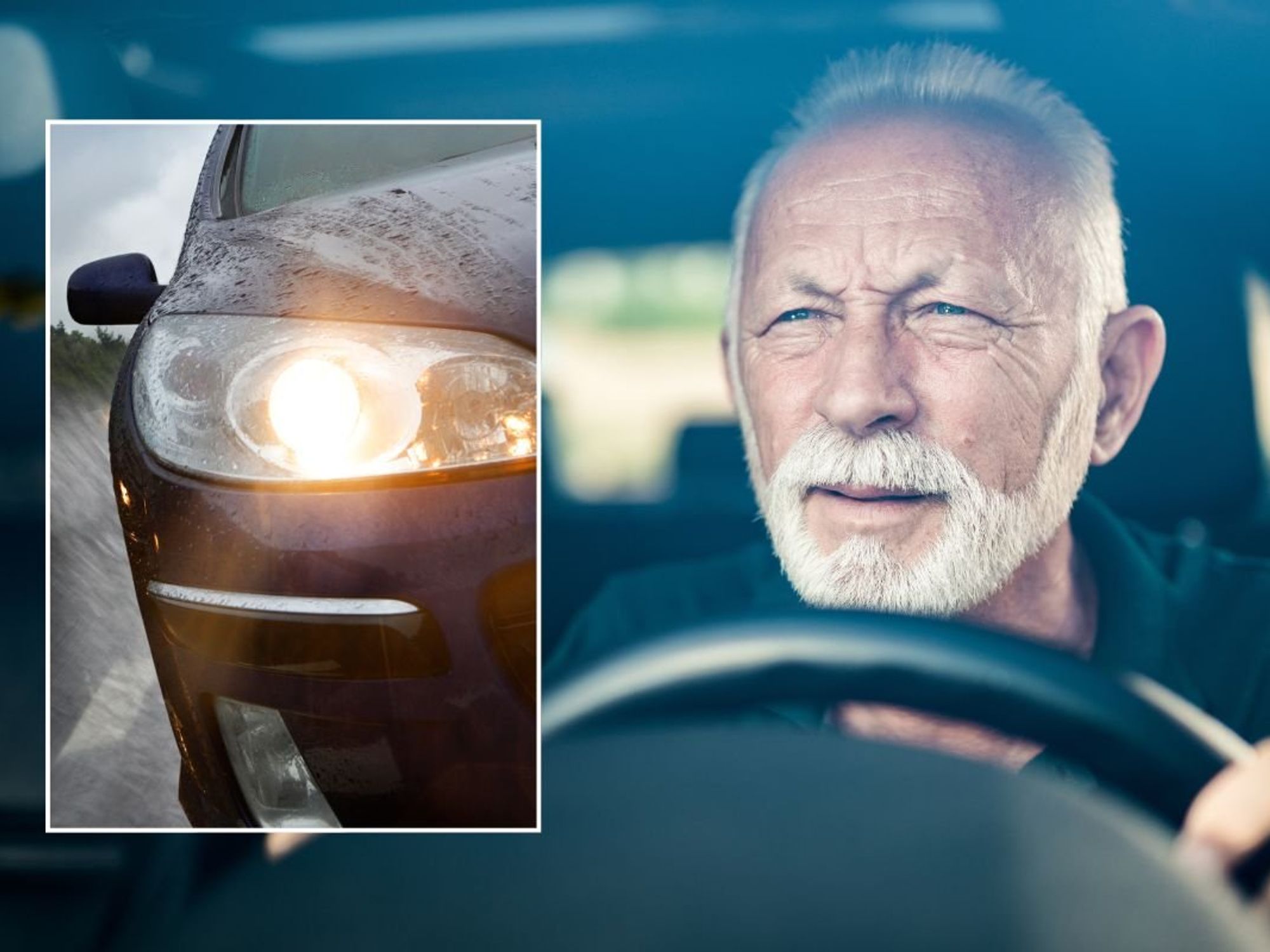 Bright headlight and a driver squinting