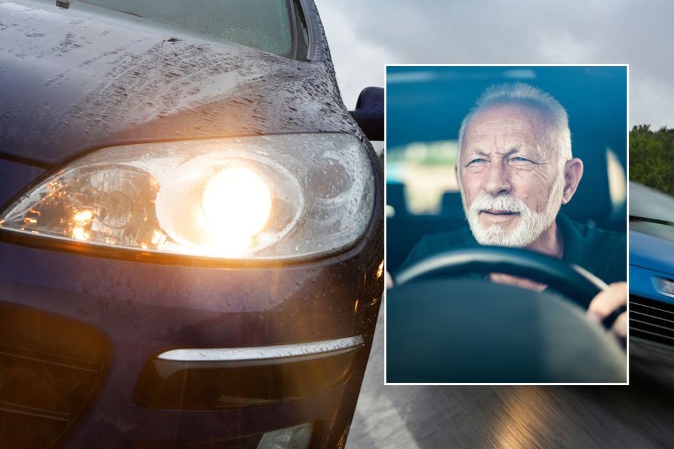 Bright headlight and an elderly man squinting