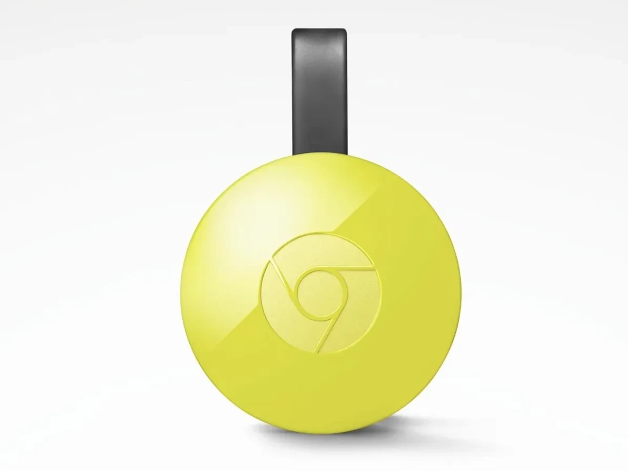 bright yellow pendant-design chromecast from 2015 on a white background