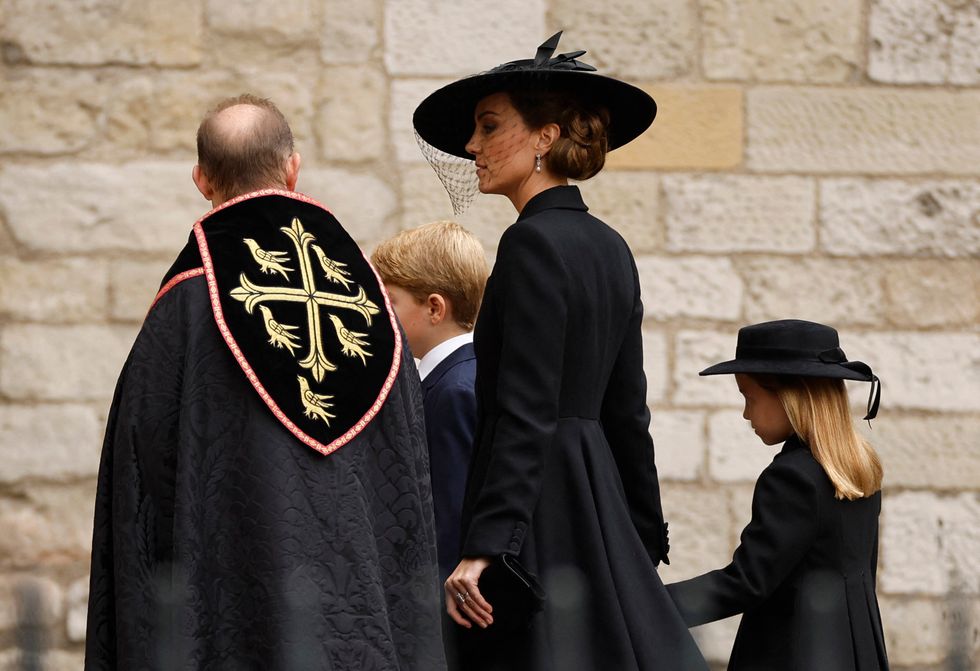 Britain's Catherine, Princess of Wales, arrives at Westminster Abbey with Britain's Prince George and Britain's Princess Charlotte on the day of state funeral and burial of Britain's Queen Elizabeth, in London, Britain, September 19, 2022 REUTERS/John Sibley