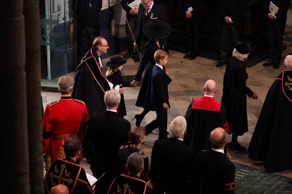 Britain's Catherine, Princess of Wales, Princess Charlotte and Prince George arrive, on the day of the state funeral and burial of Britain's Queen Elizabeth, at Westminster Abbey in London, Britain, September 19, 2022. REUTERS/Phil Noble/Pool