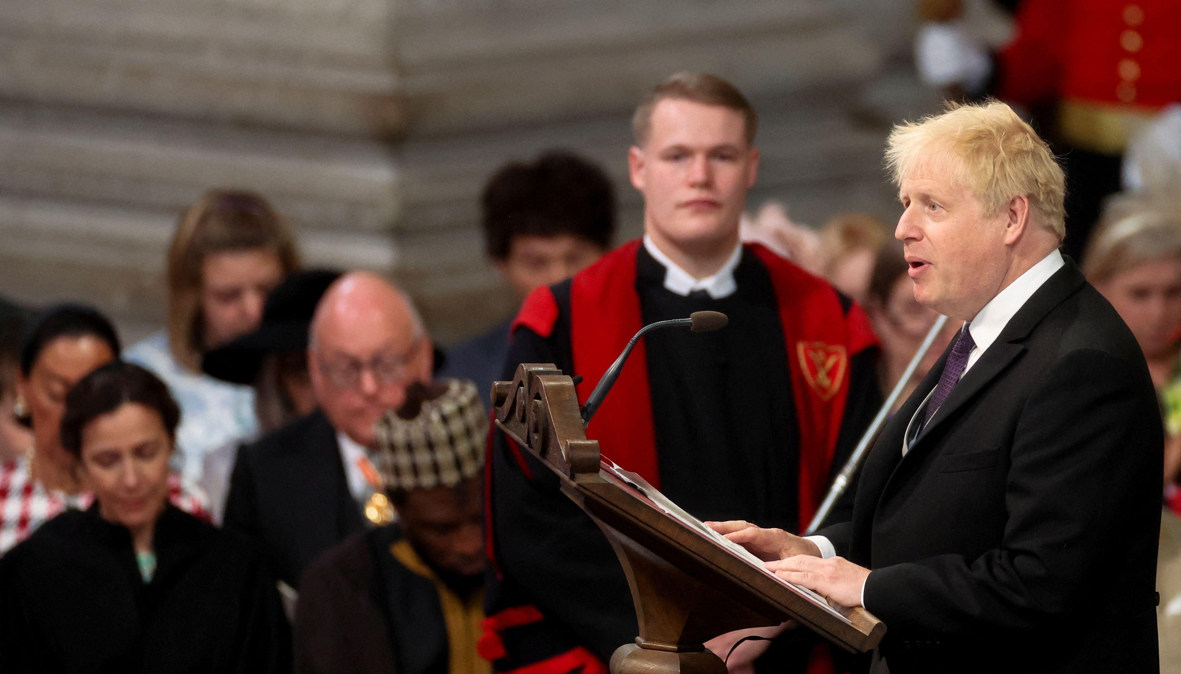 Britain's Prime Minister Boris Johnson speaks during the National Service of Thanksgiving held at St Paul's Cathedral as part of celebrations marking the Platinum Jubilee of Britain's Queen Elizabeth, in London, Britain, June 3, 2022. REUTERS/Phil Noble/Pool