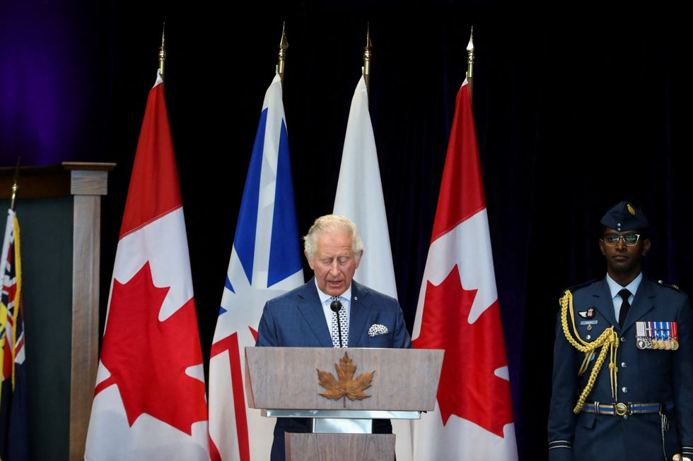 Britain's Prince Charles addresses as he and Camilla, Duchess of Cornwall arrive for their Canadian 2022 Royal Tour in St. John's, Newfoundland, Canada May 17, 2022. REUTERS/Carlos Osorio