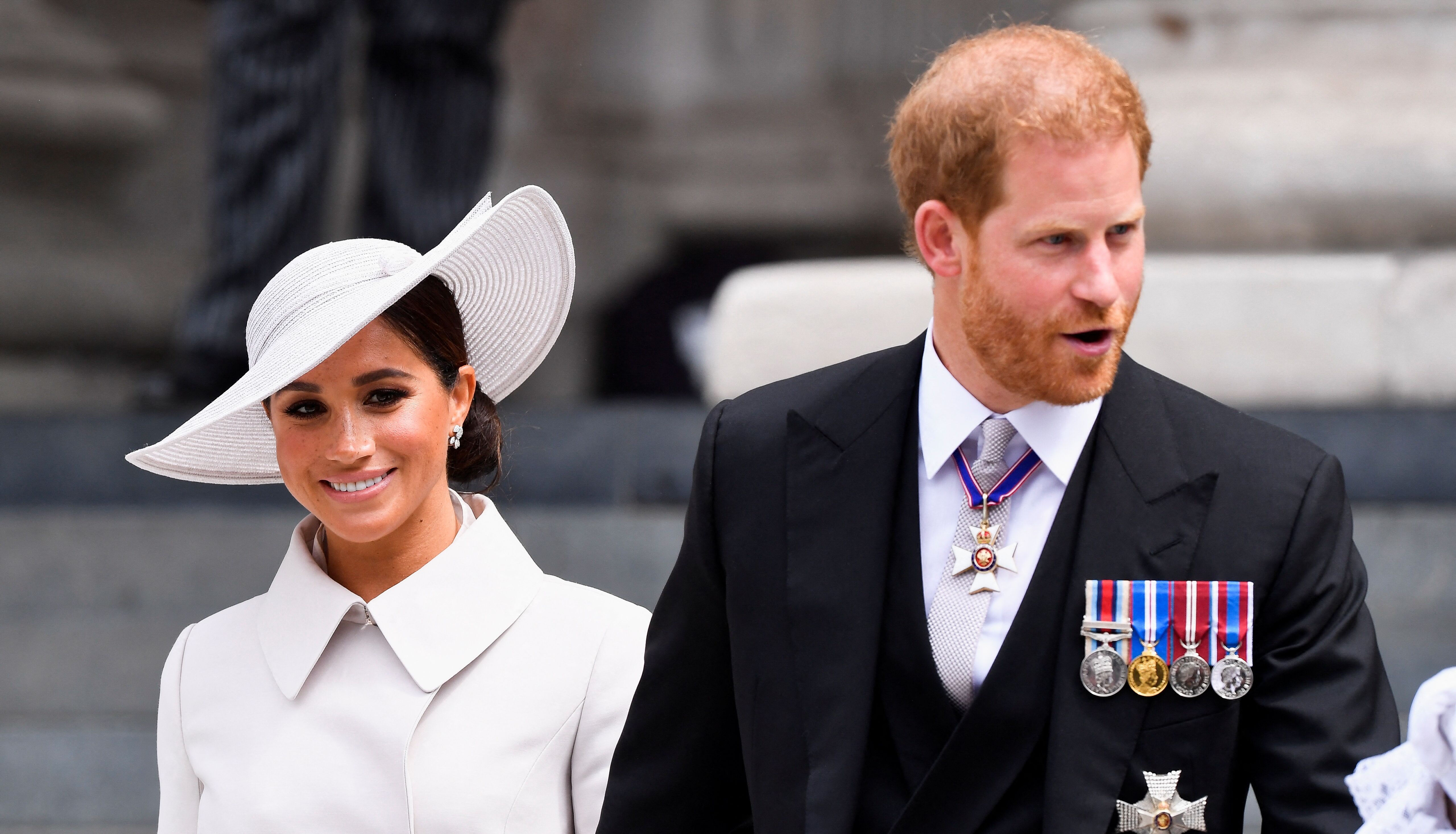 Britain's Prince Harry and Meghan, Duchess of Sussex, leave after attending the National Service of Thanksgiving at St Paul's Cathedral during the Queen's Platinum Jubilee celebrations in London, Britain, June 3, 2022. REUTERS/Toby Melville/Pool