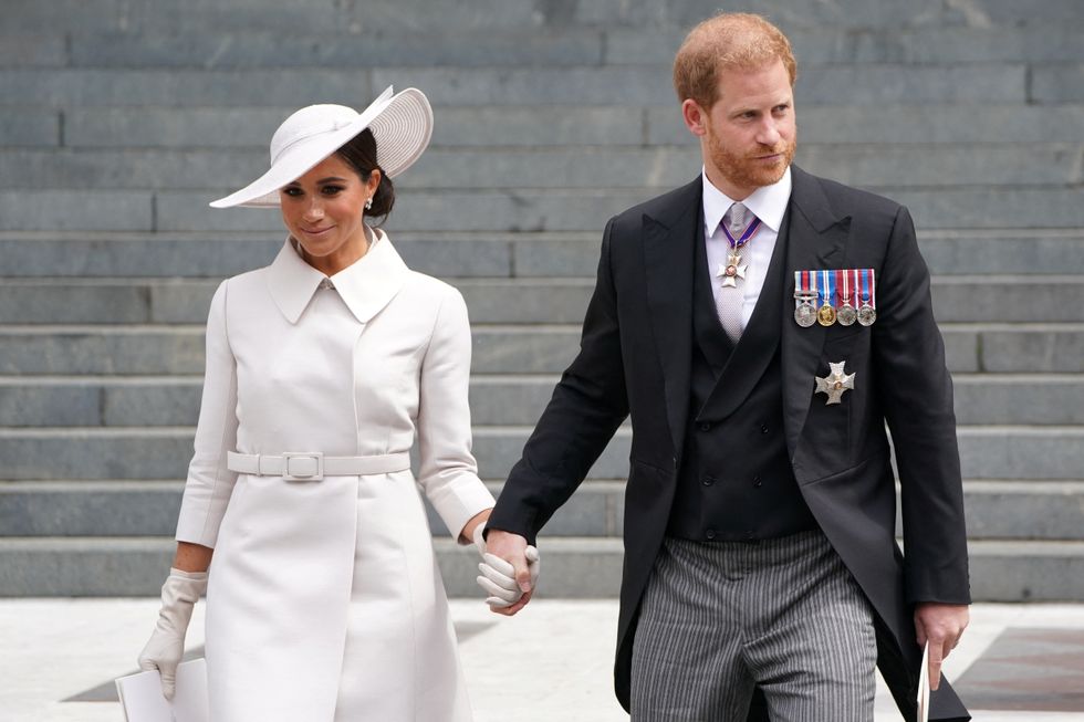 Britain's Prince Harry, and Meghan, Duchess of Sussex, leave after attending the National Service of Thanksgiving held at St Paul's Cathedral during the Queen's Platinum Jubilee celebrations in London