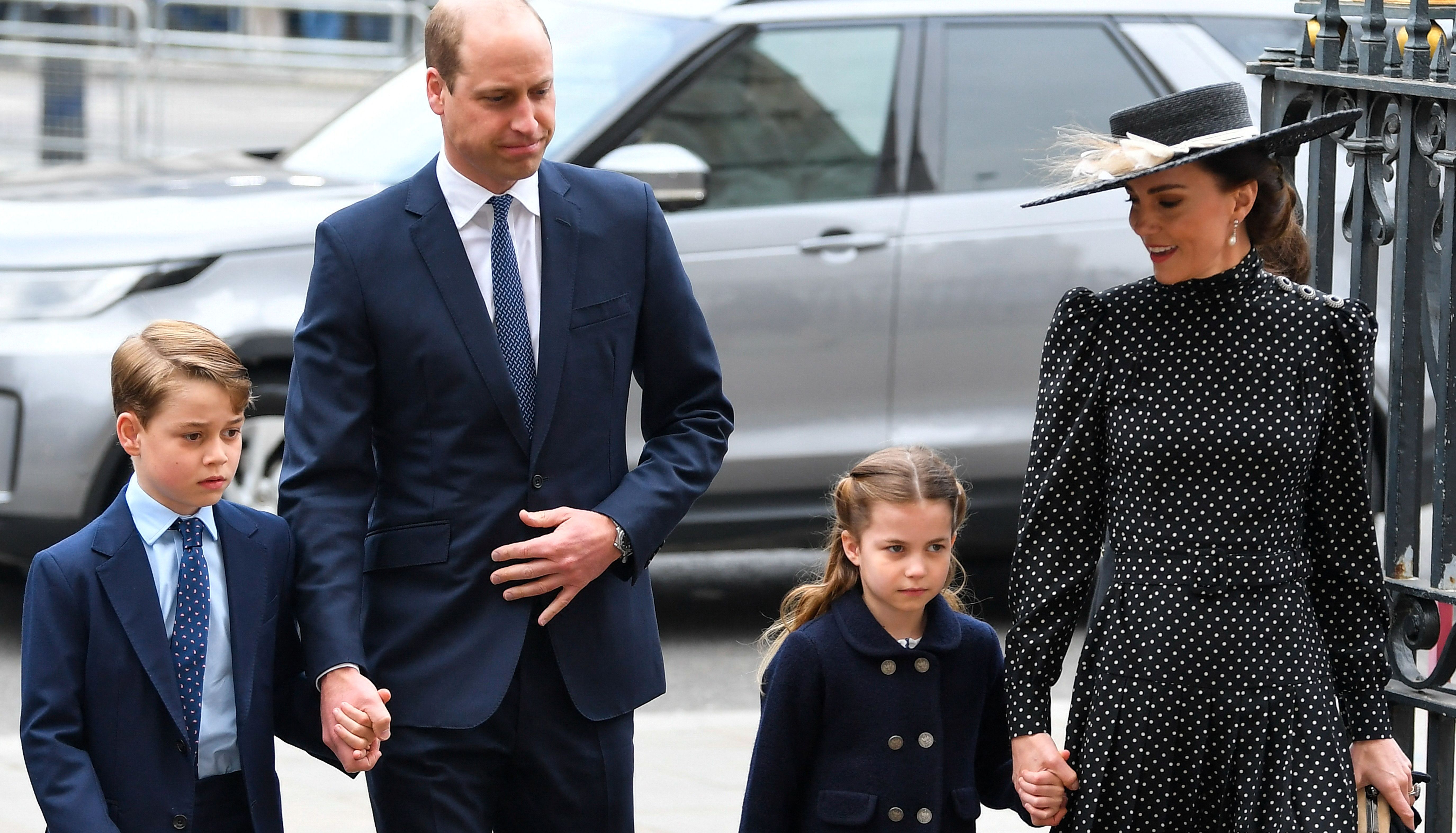 Britain's Prince William, Catherine, Duchess of Cambridge and their children, Princess Charlotte and Prince George arrive at a service of thanksgiving for late Prince Philip, Duke of Edinburgh, at Westminster Abbey in London, Britain, March 29, 2022. REUTERS/Toby Melville