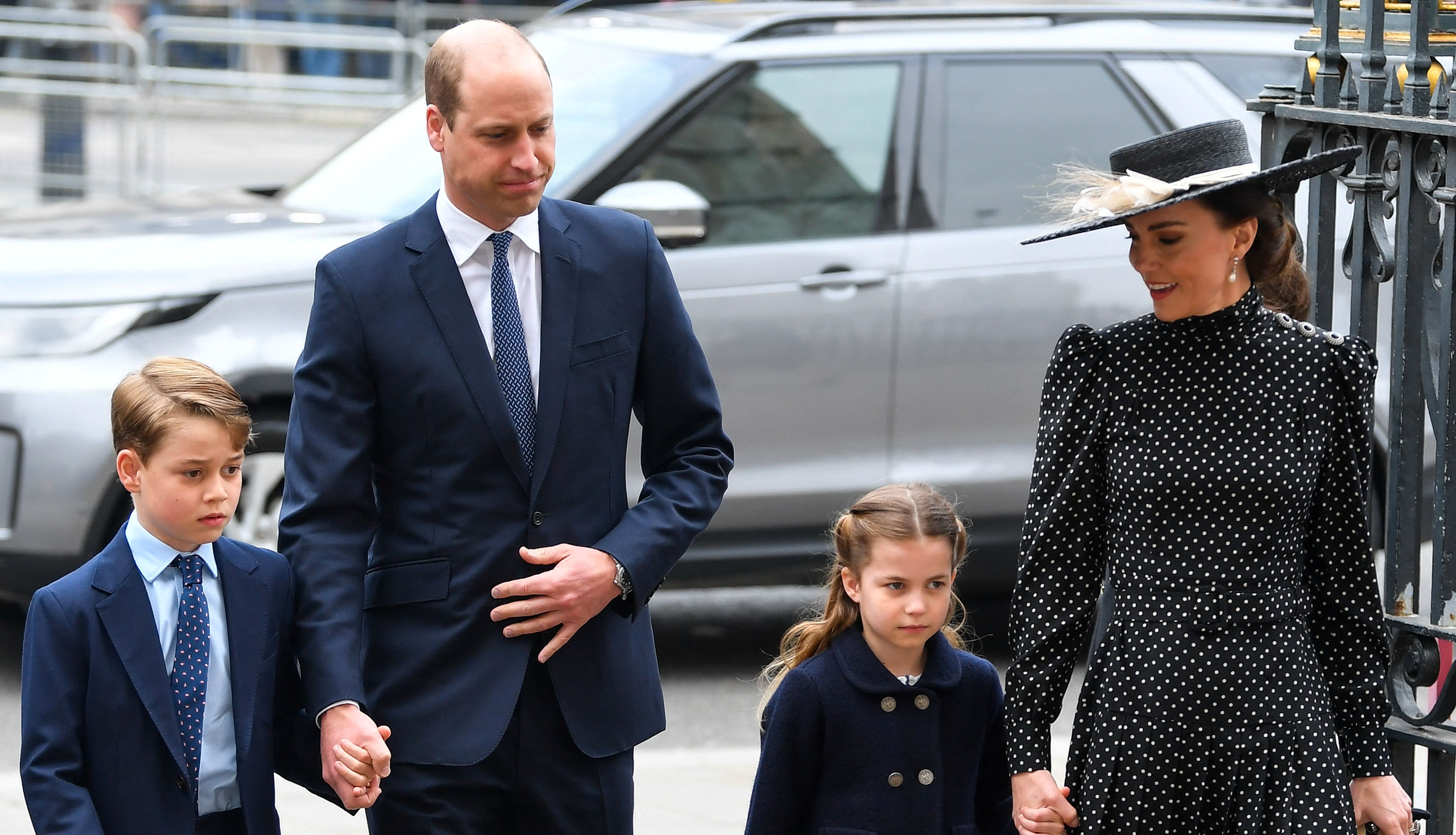 Britain's Prince William, Catherine, Duchess of Cambridge and their children, Princess Charlotte and Prince George arrive at a service of thanksgiving for late Prince Philip, Duke of Edinburgh, at Westminster Abbey in London, Britain, March 29, 2022. REUTERS/Toby Melville
