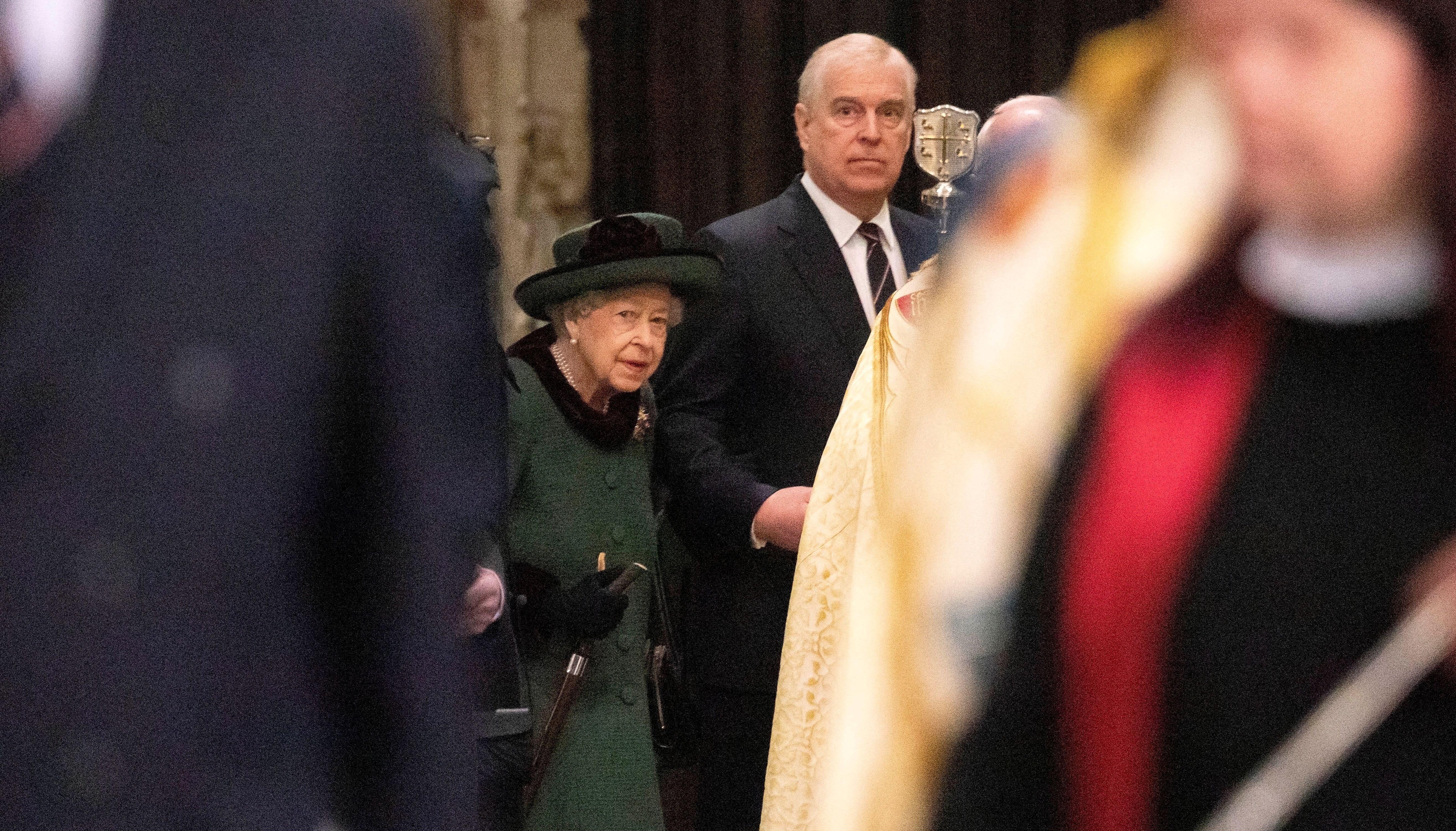 Britain's Queen Elizabeth, accompanied by Prince Andrew, Duke of York, attends a service of thanksgiving for late Prince Philip, Duke of Edinburgh, at Westminster Abbey in London, Britain.