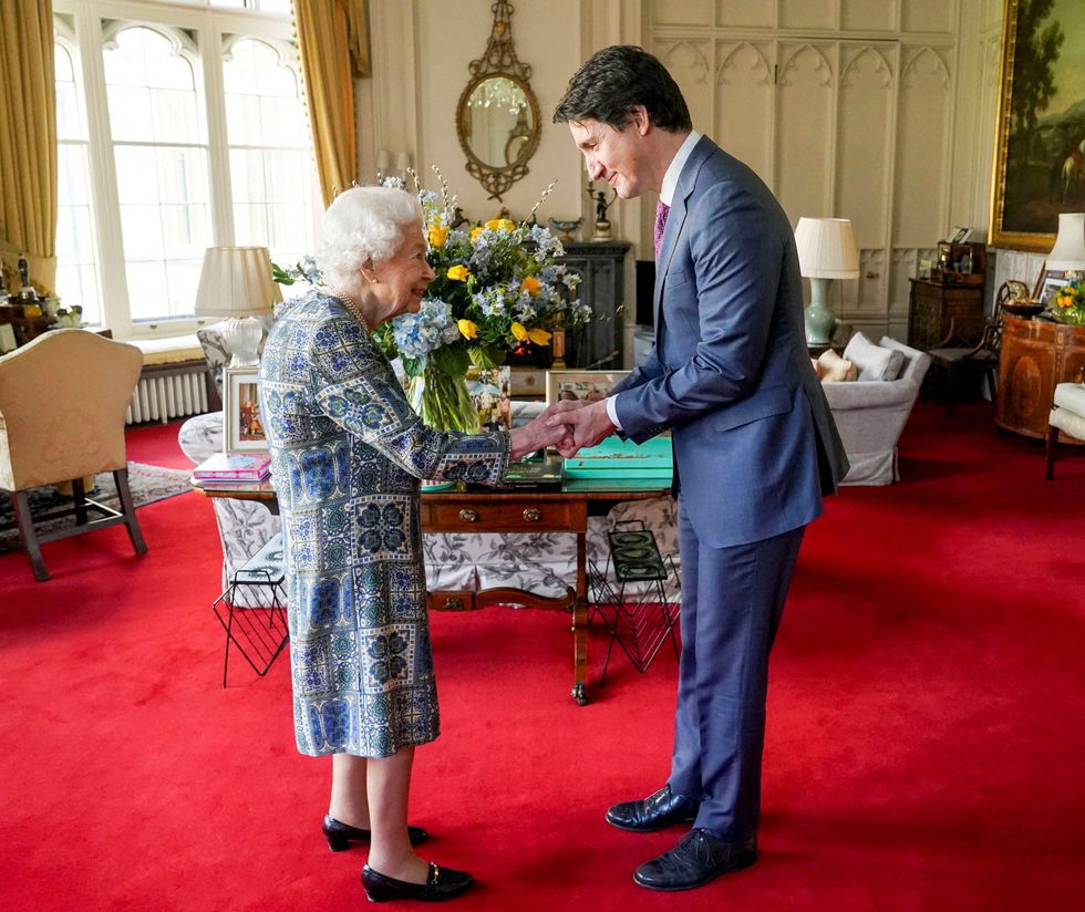 Britain's Queen Elizabeth receives Canadian Prime Minister Justin Trudeau at Windsor Castle, in Windsor, Britain March 7, 2022. Steve Parsons/Pool via REUTERS