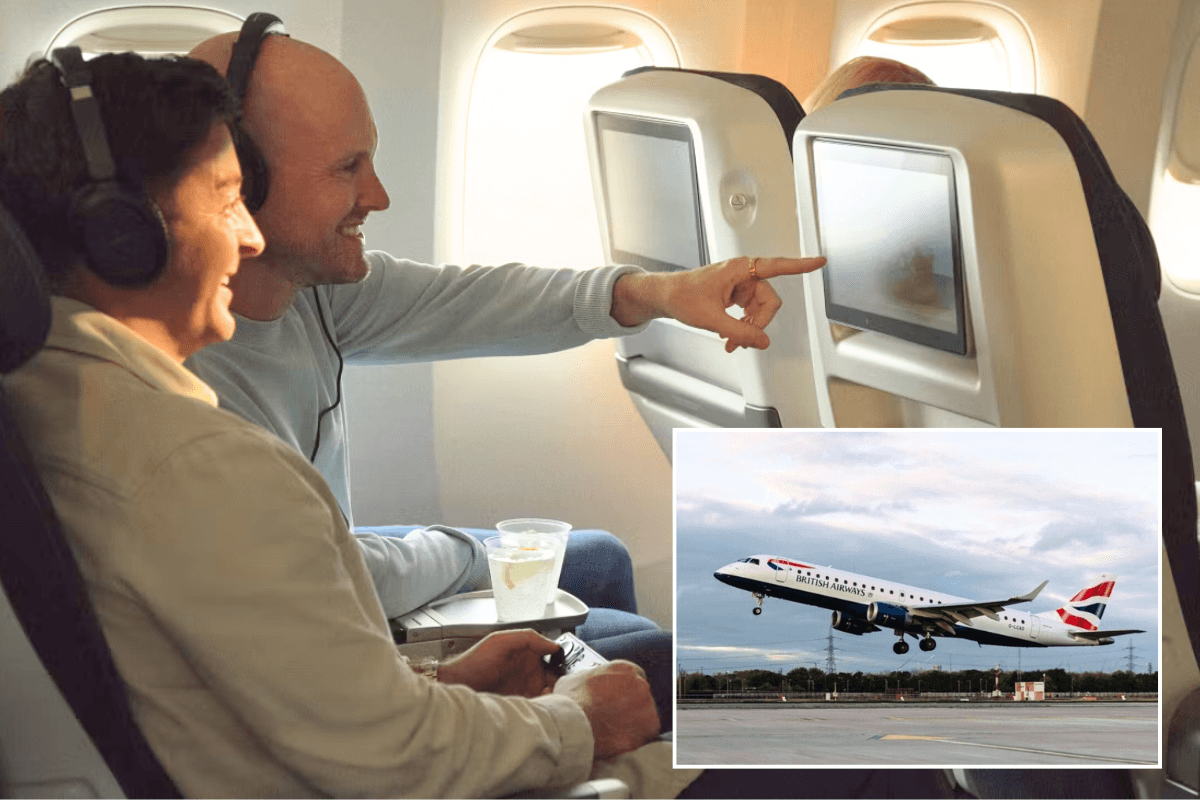 British Airways flight taking off / British Airways in-flight entertainment