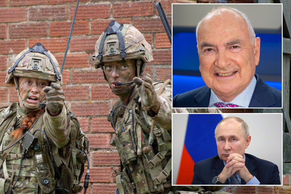 British Army soldiers with insets of Vladimir Putin and Anthony Glees