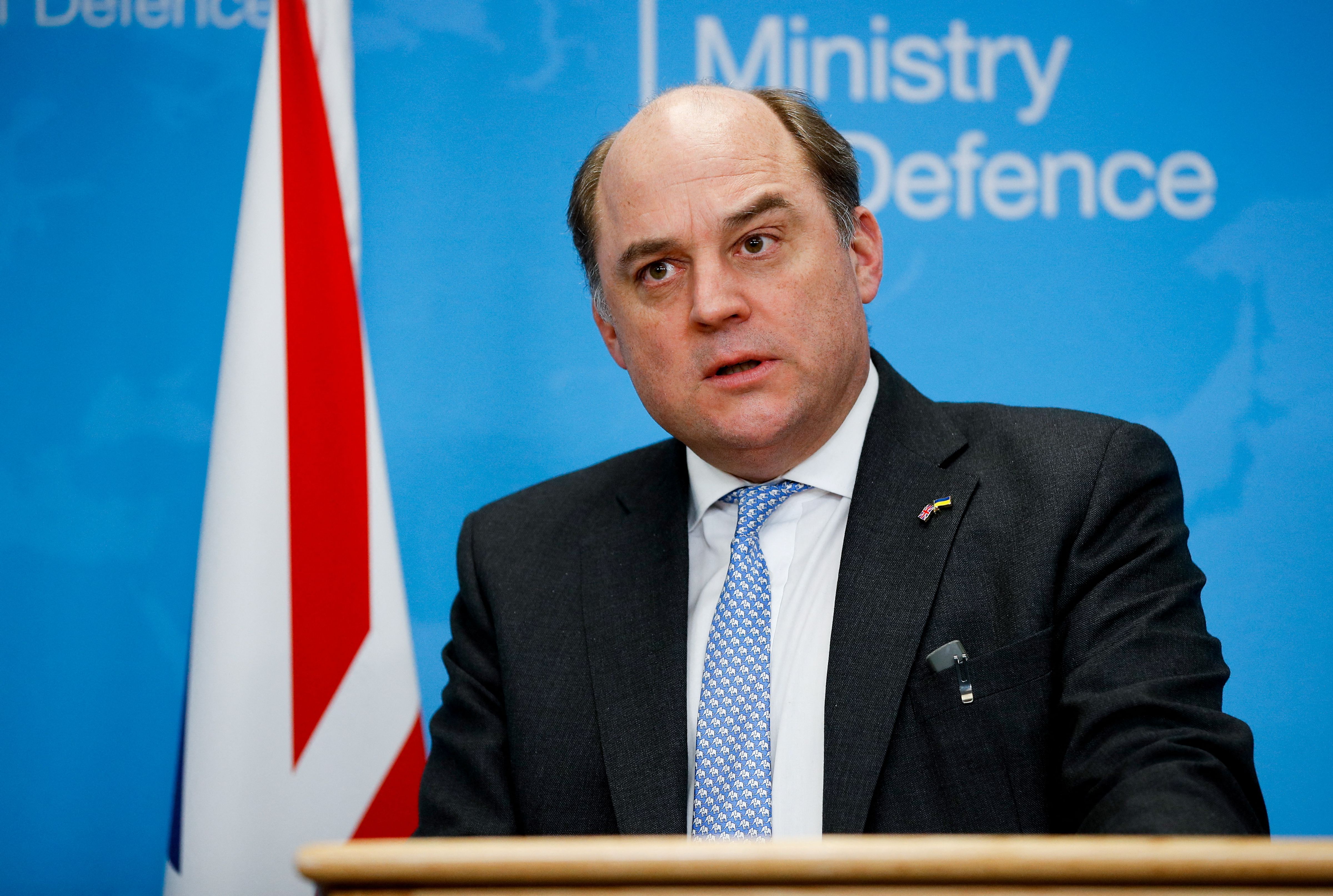 British Defence Secretary Ben Wallace holds a news conference with Ukrainian Defence Minister Oleksii Reznikov at the Ministry of Defence, amid Russia's invasion of Ukraine, in London, Britain, March 21, 2022. REUTERS/Peter Nicholls