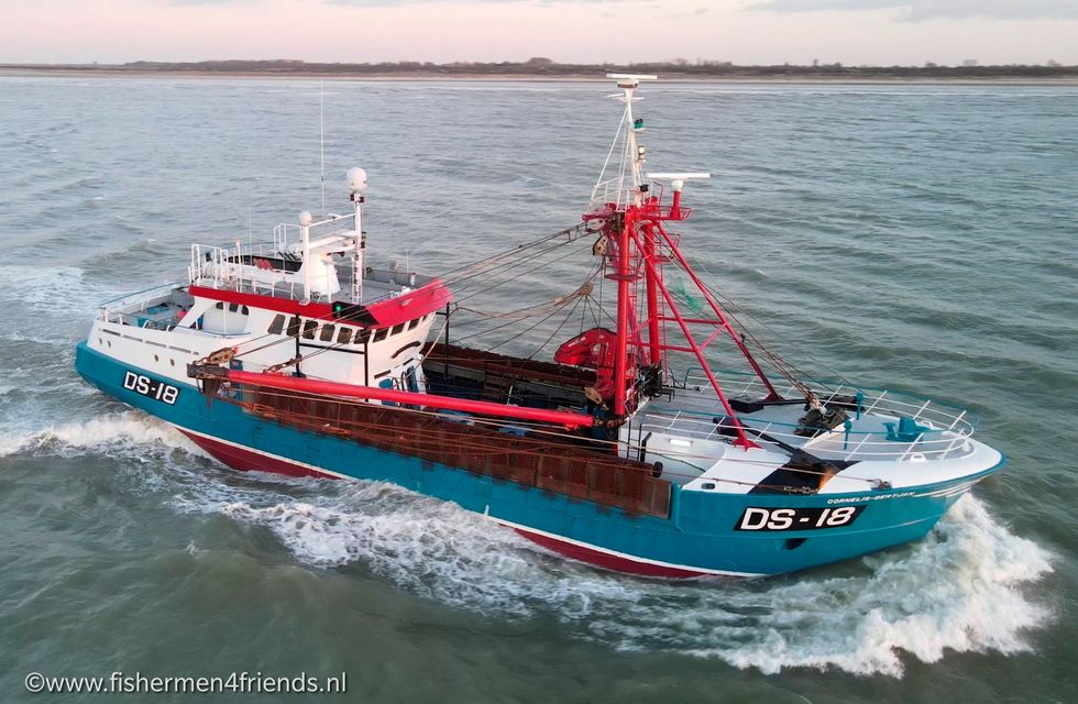 British fishing trawler Cornelis Gert Jan is pictured at sea near Stellendam, Netherlands March 8, 2021 in this social media image taken with a drone.